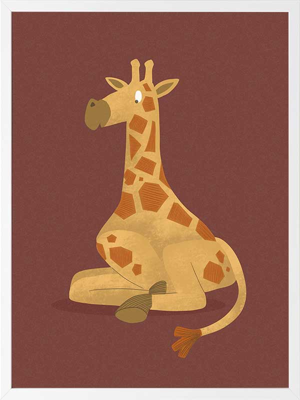Charming portrait of a seated yellow giraffe with spots against a warm maroon background, from the Little Tails Collection by Urban Road.