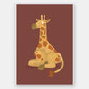 Charming portrait of a seated yellow giraffe with spots against a warm maroon background, from the Little Tails Collection by Urban Road.
