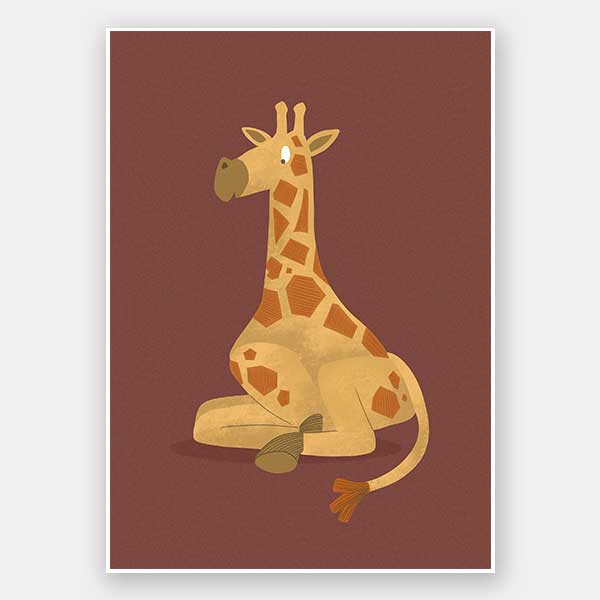 Charming portrait of a seated yellow giraffe with spots against a warm maroon background, from the Little Tails Collection by Urban Road.