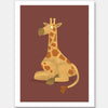 Charming portrait of a seated yellow giraffe with spots against a warm maroon background, from the Little Tails Collection by Urban Road.