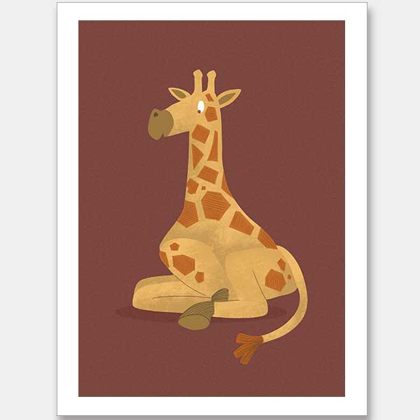 Charming portrait of a seated yellow giraffe with spots against a warm maroon background, from the Little Tails Collection by Urban Road.