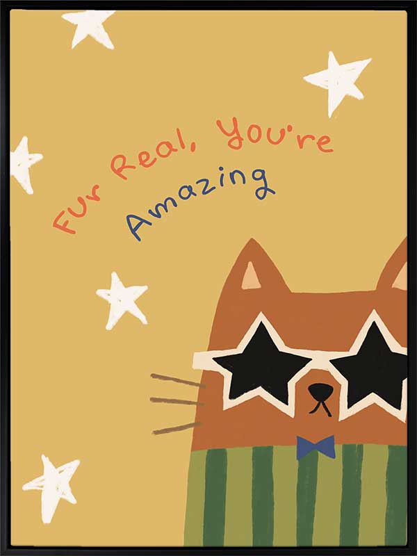 Cheeky cat in star sunglasses with the message “Fur real, you’re amazing” on a sunny yellow ground, from the Little Tails Collection by Urban Road.
