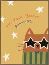 Cheeky cat in star sunglasses with the message “Fur real, you’re amazing” on a sunny yellow ground, from the Little Tails Collection by Urban Road.
