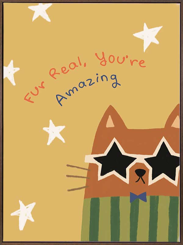Cheeky cat in star sunglasses with the message “Fur real, you’re amazing” on a sunny yellow ground, from the Little Tails Collection by Urban Road.