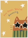 Cheeky cat in star sunglasses with the message “Fur real, you’re amazing” on a sunny yellow ground, from the Little Tails Collection by Urban Road.