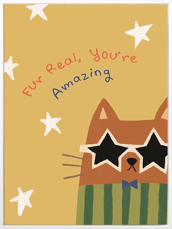 Cheeky cat in star sunglasses with the message “Fur real, you’re amazing” on a sunny yellow ground, from the Little Tails Collection by Urban Road.