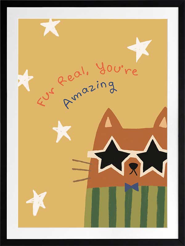 Cheeky cat in star sunglasses with the message “Fur real, you’re amazing” on a sunny yellow ground, from the Little Tails Collection by Urban Road.