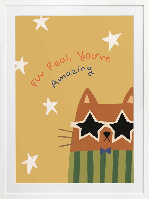 Cheeky cat in star sunglasses with the message “Fur real, you’re amazing” on a sunny yellow ground, from the Little Tails Collection by Urban Road.