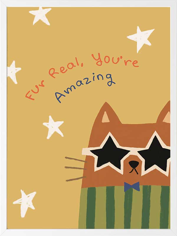 Cheeky cat in star sunglasses with the message “Fur real, you’re amazing” on a sunny yellow ground, from the Little Tails Collection by Urban Road.