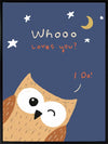 Night-time owl with stars and a crescent moon and the message “Whooo loves you? I do!”, from the Little Tails Collection by Urban Road.