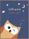 Night-time owl with stars and a crescent moon and the message “Whooo loves you? I do!”, from the Little Tails Collection by Urban Road.