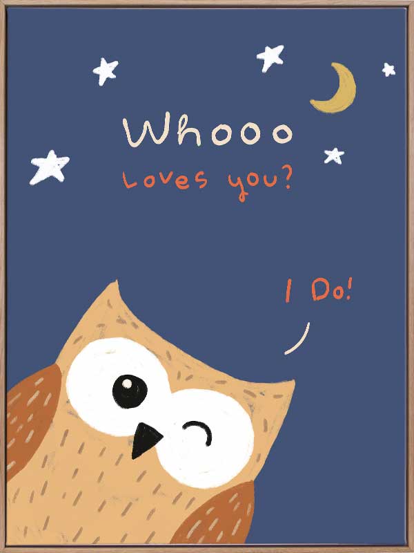 Night-time owl with stars and a crescent moon and the message “Whooo loves you? I do!”, from the Little Tails Collection by Urban Road.