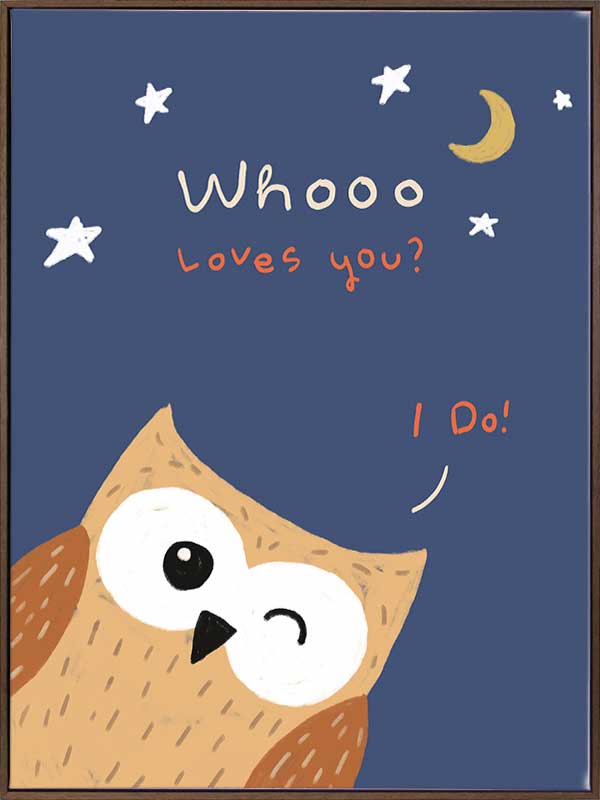 Night-time owl with stars and a crescent moon and the message “Whooo loves you? I do!”, from the Little Tails Collection by Urban Road.