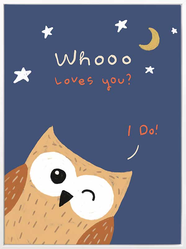 Night-time owl with stars and a crescent moon and the message “Whooo loves you? I do!”, from the Little Tails Collection by Urban Road.