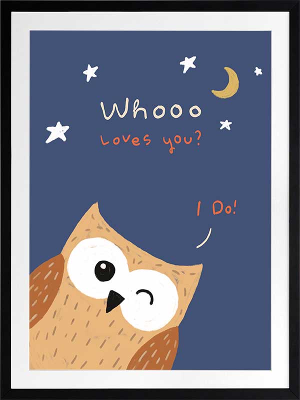 Night-time owl with stars and a crescent moon and the message “Whooo loves you? I do!”, from the Little Tails Collection by Urban Road.