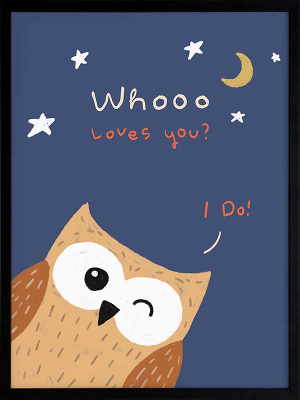 Night-time owl with stars and a crescent moon and the message “Whooo loves you? I do!”, from the Little Tails Collection by Urban Road.