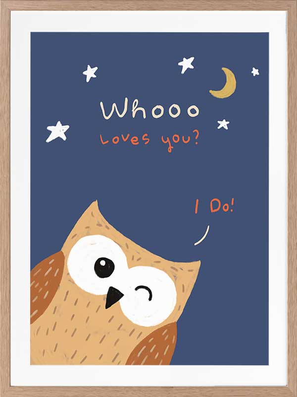 Night-time owl with stars and a crescent moon and the message “Whooo loves you? I do!”, from the Little Tails Collection by Urban Road.
