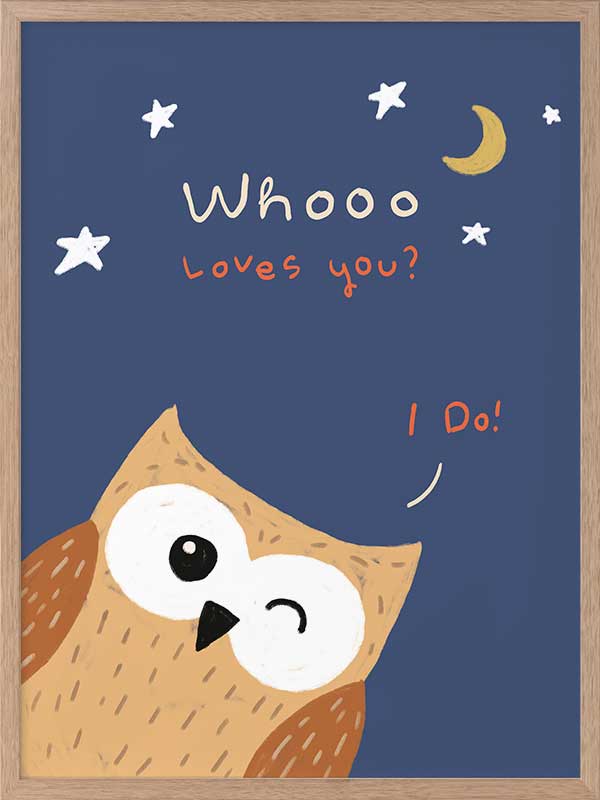 Night-time owl with stars and a crescent moon and the message “Whooo loves you? I do!”, from the Little Tails Collection by Urban Road.