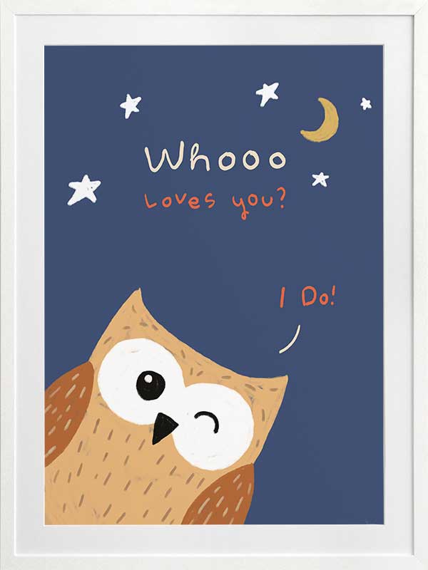 Night-time owl with stars and a crescent moon and the message “Whooo loves you? I do!”, from the Little Tails Collection by Urban Road.