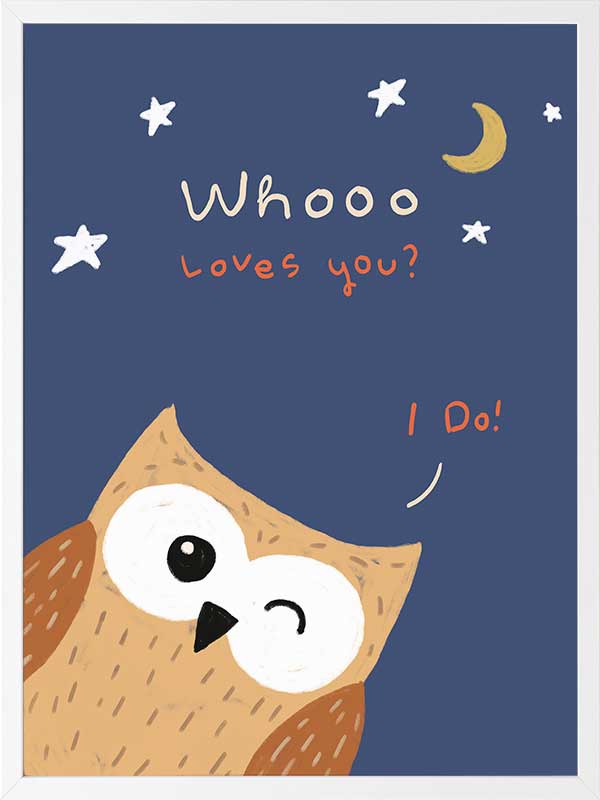 Night-time owl with stars and a crescent moon and the message “Whooo loves you? I do!”, from the Little Tails Collection by Urban Road.