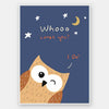 Night-time owl with stars and a crescent moon and the message “Whooo loves you? I do!”, from the Little Tails Collection by Urban Road.