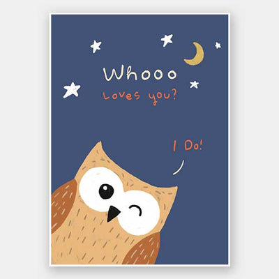 Night-time owl with stars and a crescent moon and the message “Whooo loves you? I do!”, from the Little Tails Collection by Urban Road.
