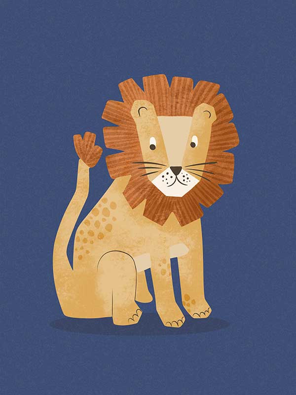 Friendly lion with a shaggy mane sits on a deep blue background, from the Little Tails Collection by Urban Road.