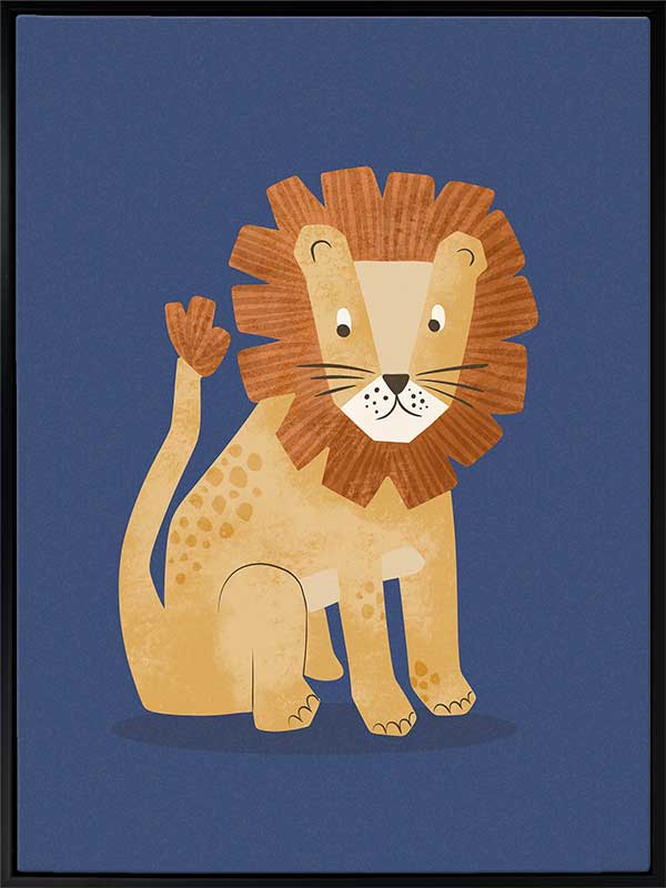 Friendly lion with a shaggy mane sits on a deep blue background, from the Little Tails Collection by Urban Road.