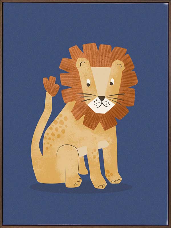 Friendly lion with a shaggy mane sits on a deep blue background, from the Little Tails Collection by Urban Road.