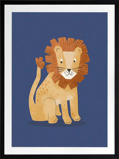 Friendly lion with a shaggy mane sits on a deep blue background, from the Little Tails Collection by Urban Road.