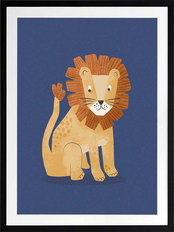 Friendly lion with a shaggy mane sits on a deep blue background, from the Little Tails Collection by Urban Road.