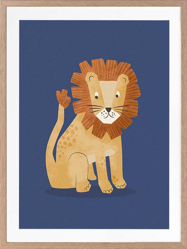 Friendly lion with a shaggy mane sits on a deep blue background, from the Little Tails Collection by Urban Road.