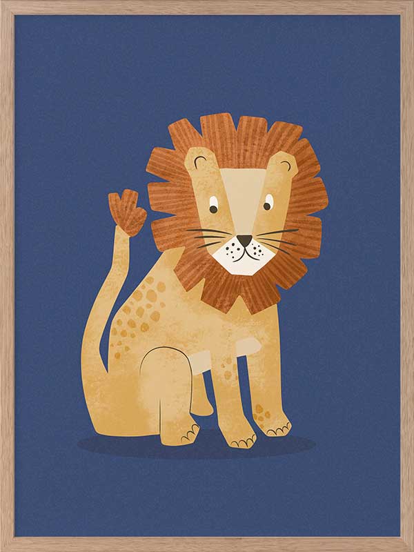 Friendly lion with a shaggy mane sits on a deep blue background, from the Little Tails Collection by Urban Road.