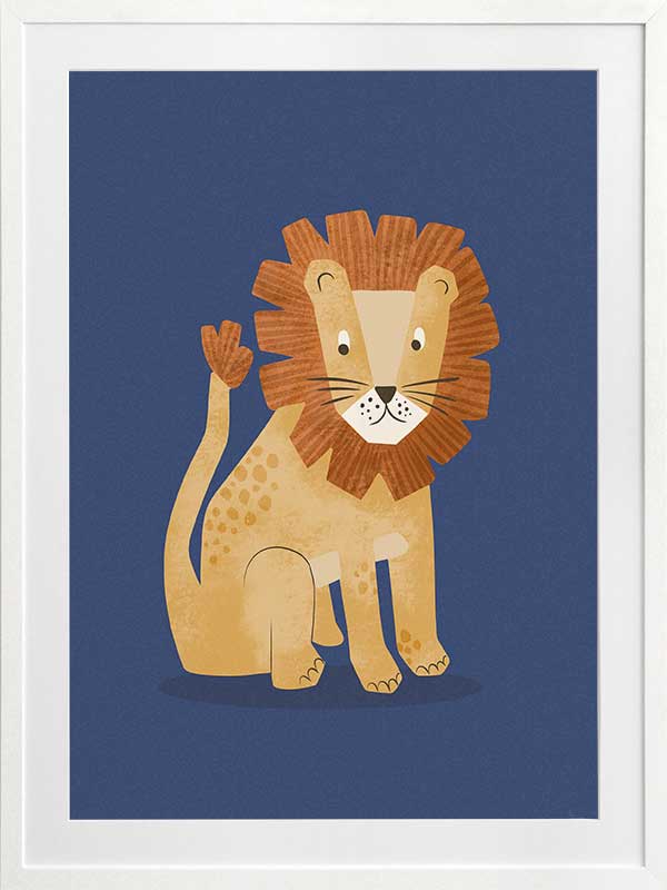 Friendly lion with a shaggy mane sits on a deep blue background, from the Little Tails Collection by Urban Road.