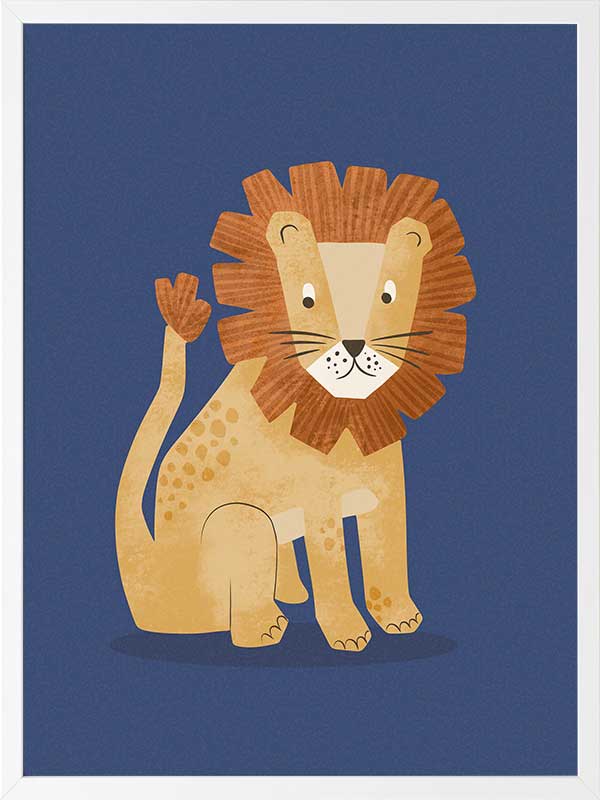Friendly lion with a shaggy mane sits on a deep blue background, from the Little Tails Collection by Urban Road.