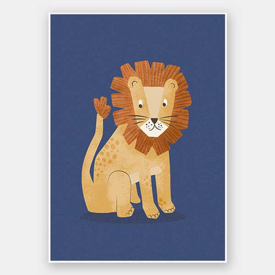 Friendly lion with a shaggy mane sits on a deep blue background, from the Little Tails Collection by Urban Road.