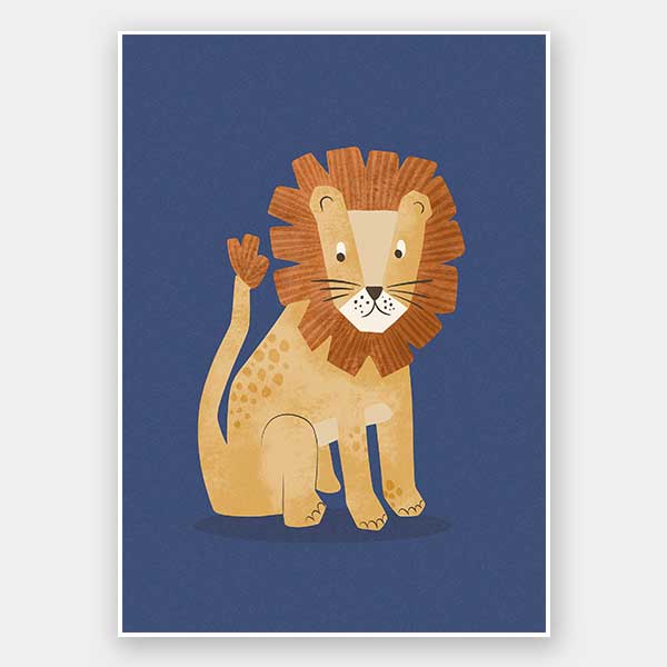 Friendly lion with a shaggy mane sits on a deep blue background, from the Little Tails Collection by Urban Road.