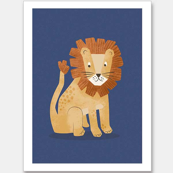 Friendly lion with a shaggy mane sits on a deep blue background, from the Little Tails Collection by Urban Road.