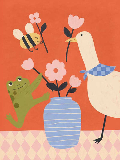 Goose, frog and bee work together around a vase of blossoms on a lively orange background, from the Little Tails Collection by Urban Road.