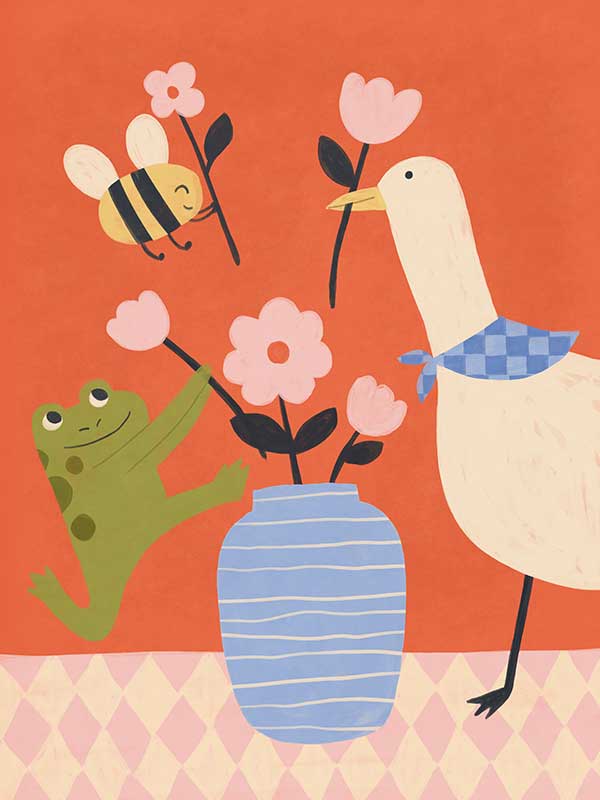 Goose, frog and bee work together around a vase of blossoms on a lively orange background, from the Little Tails Collection by Urban Road.