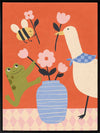 Goose, frog and bee work together around a vase of blossoms on a lively orange background, from the Little Tails Collection by Urban Road.