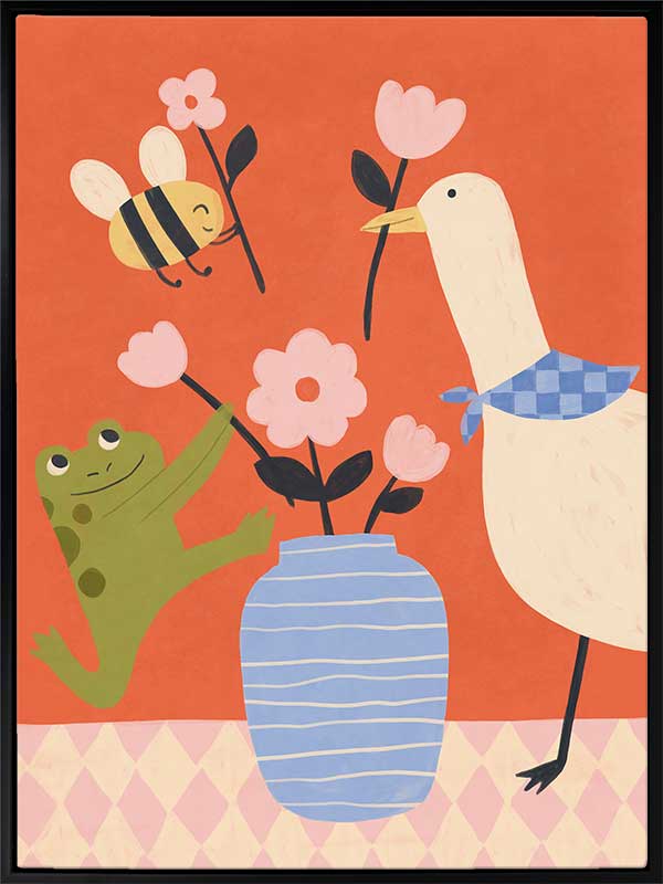 Goose, frog and bee work together around a vase of blossoms on a lively orange background, from the Little Tails Collection by Urban Road.