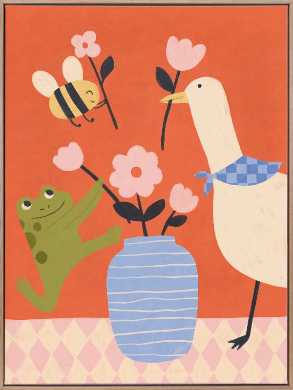 Goose, frog and bee work together around a vase of blossoms on a lively orange background, from the Little Tails Collection by Urban Road.