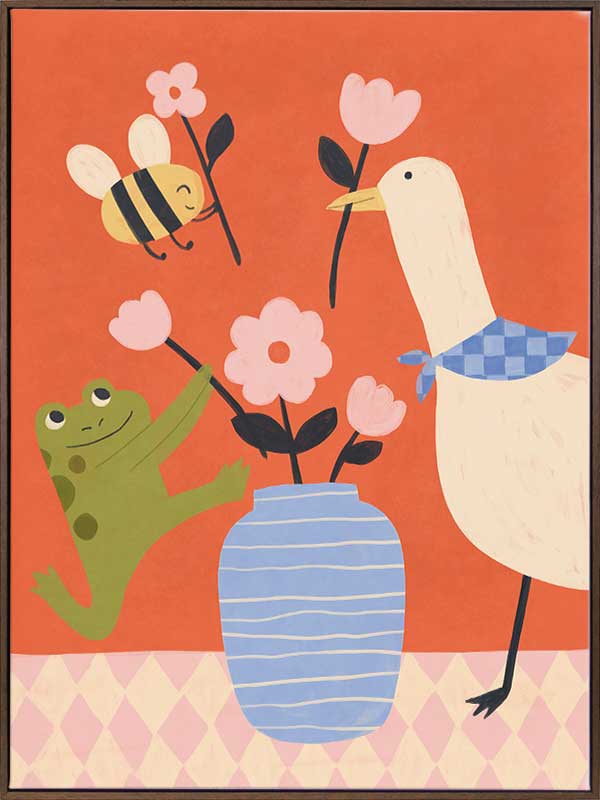 Goose, frog and bee work together around a vase of blossoms on a lively orange background, from the Little Tails Collection by Urban Road.