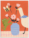 Goose, frog and bee work together around a vase of blossoms on a lively orange background, from the Little Tails Collection by Urban Road.