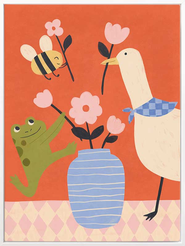 Goose, frog and bee work together around a vase of blossoms on a lively orange background, from the Little Tails Collection by Urban Road.