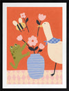Goose, frog and bee work together around a vase of blossoms on a lively orange background, from the Little Tails Collection by Urban Road.