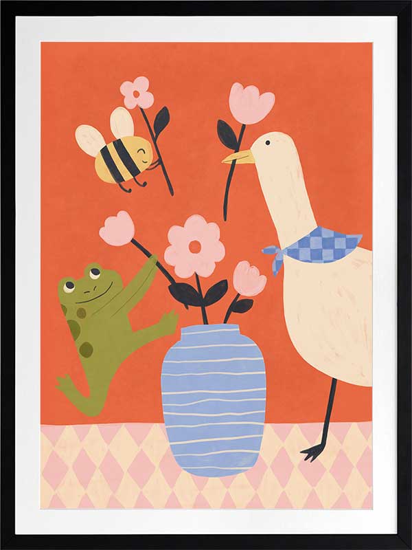 Goose, frog and bee work together around a vase of blossoms on a lively orange background, from the Little Tails Collection by Urban Road.