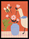 Goose, frog and bee work together around a vase of blossoms on a lively orange background, from the Little Tails Collection by Urban Road.