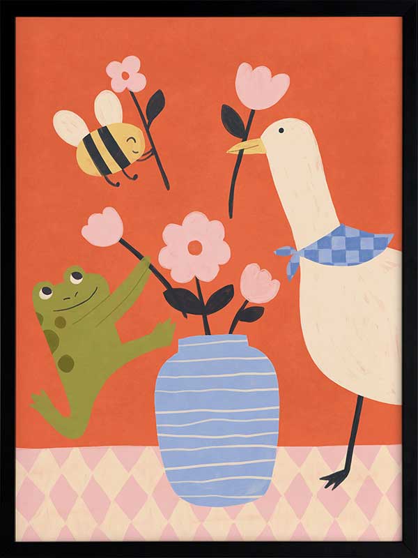 Goose, frog and bee work together around a vase of blossoms on a lively orange background, from the Little Tails Collection by Urban Road.